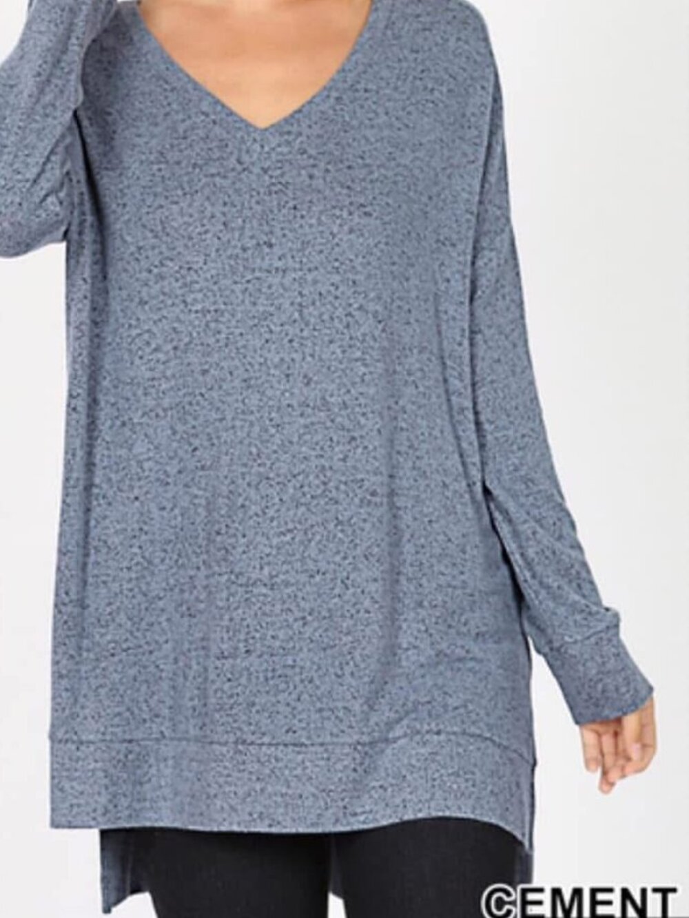 Brushed mélange V-neck sweater hi-low hem